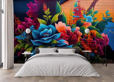 urban graffiti art featuring mural of vibrant flower garden, created with generative ai Wall mural