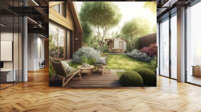 wooden terrace with comfortable garden chairs in cozy backyard with lawn, created with generative ai Wall mural