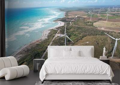 Wind farm shot next to caribbean beach from drone Wall mural