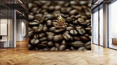 A pile of coffee beans with a focus on a single bean in the foreground, showcasing the texture and glossy surface of freshly roasted coffee. Wall mural