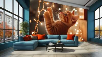 A playful kitten batting at hanging string lights in a festive, holiday-themed living room. Wall mural