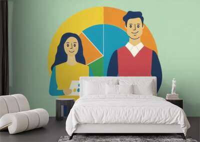 Simple flat vector of a man and woman presenting business analysis data on a pie chart, focusing on clean lines and minimalist graphic elements. Wall mural