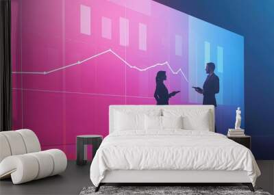 Two business professionals standing in front of a large line graph, discussing key business growth data points in a clean, flat vector illustration. Wall mural