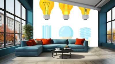 Light bulbs flat style set. Different kinds lamps with cold and warm glow. Isolated vector illustration on white background Wall mural