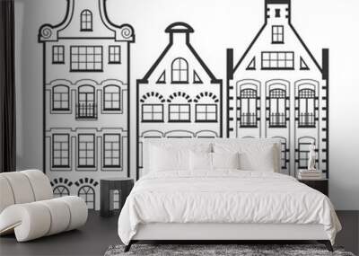 Set of 3 Amsterdam old houses facades. Traditional architecture of Netherlands. Line style black and white vector flat isolated illustrations in the Dutch style. For coloring, design, background. Wall mural