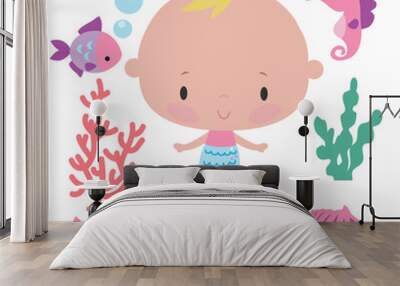 Cute baby mermaid . Sea princess  vector cartoon illustration Wall mural