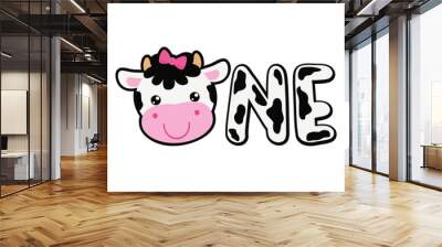 First birthday. Baby girly cow one vector cartoon illustration. Wall mural