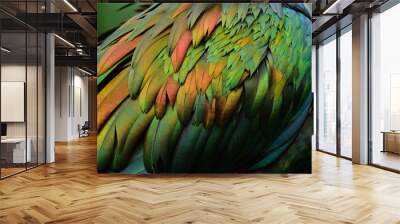 exotic velvet gold, copper, yelow to green bird feathers in beautiful texture and background Wall mural