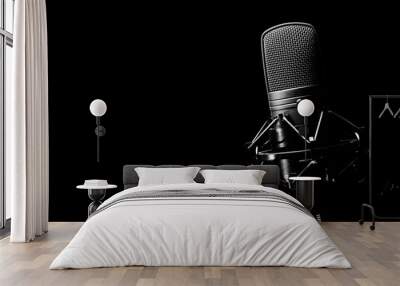 studio condenser microphone, isolated on black. copy space on left Wall mural