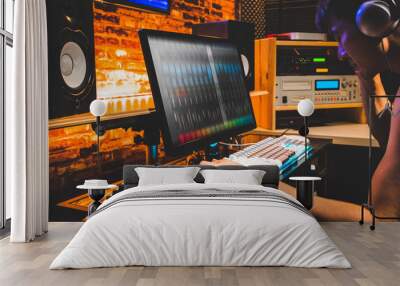 young asian male composer playing midi keyboard for arranging a song on computer in home studio Wall mural