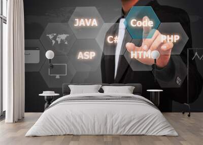 Code word clouds and man select on screen. Wall mural