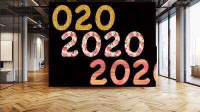 new year 2020 decorated set in gold, floral and paint texture isolated on black for festive designs, backgrounds, cards, banners and posters Wall mural