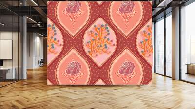 red, peach and orange beautiful ogee seamless pattern tile with floral decorative elements for creative surface designs, textile, fabric, backgrounds, wallpaper, backdrops, cards and templates Wall mural