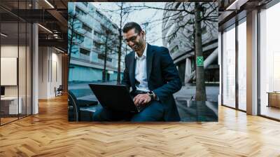 Mixed race businessman typing on laptop smiling while enjoying lunch break  Wall mural