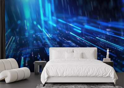 blue light speed and motion blur Background, abstract digital tech banner background. copy space Wall mural