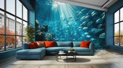 Blue underwater background featuring a large shoal of fish swimming together in harmony. Perfect for ocean life, marine wildlife, underwater scenes, and aquatic Wall mural