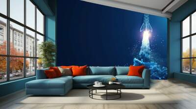 Business achievement to success concept with rocket launch low poly wireframe on blue background Wall mural