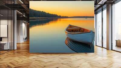 close-up of a hand-made white wooden sailboat floating peacefully in a tranquil Maine harbor. wooden hull and calm waters evoke the serene beauty of American coastal life and nautical tranquility Wall mural