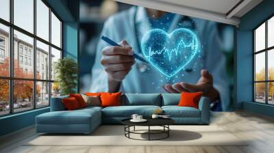 Close-up of doctor in white coat drawing an ECG line transitioning into a glowing blue heart. Futuristic medical technology concept with soft gradient blue background. Doctor draws a cardiogram heart Wall mural