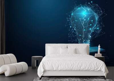 concept of education a idea light bulb low poly in the opening of an old book in blue dark background. business creative thinking with glowing wireframe Wall mural