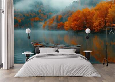 fall colors reflected on the still surface of a foggy lake. The vibrant reds, oranges, and yellows blend with the mist, a serene autumn landscape Wall mural