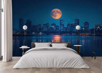 full Cold Moon rises over Boston's skyline, casting a cool glow on the city's buildings. A serene and atmospheric night scene, capturing the beauty of the winter moon against the urban landscape Wall mural