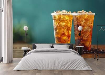 Ice americano coffee in a tall glass. Ice americano and cafe latte on the table Wall mural