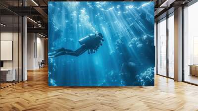 Life-giving sunlight filters through the water, casting radiant beams that illuminate the underwater world. A scuba diver's silhouette floats in the blue depths Wall mural