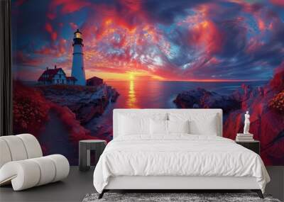 lighthouse perched on a cliff, silhouetted against a stunning sunset. The sky with vibrant hues of orange, pink, and purple, peaceful coastal scene Wall mural