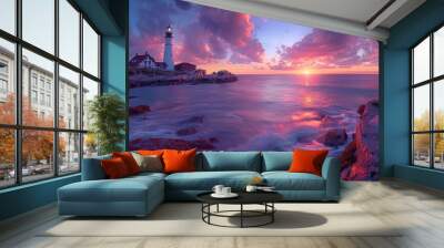 lighthouse perched on a cliff, silhouetted against a stunning sunset. The sky with vibrant hues of orange, pink, and purple, peaceful coastal scene Wall mural