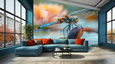 Serene close-up of a dragonfly with gossamer wings perched on a dried lotus pod in a tranquil lily pond. Calm, zen nature scene with green-eyed dragonfly and blue lotus, perfect for meditation Wall mural