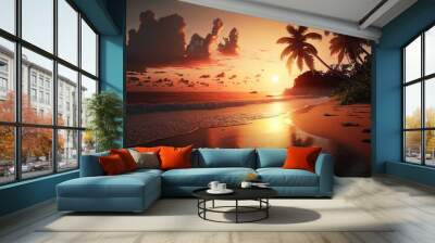 Tropical sunset coconut palm trees silhouettes, Beautiful sunrise over the tropical beach, Wall mural