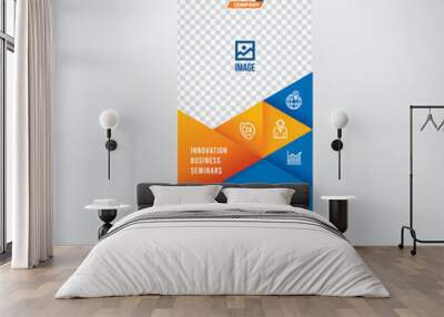 Banner roll-up design, business concept. Graphic template roll-up for exhibitions, banner for presentations, layout for placement of photos, text. Universal stand for seminars, vector background. Wall mural