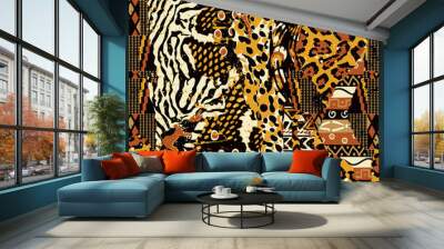 Abstract patchwork of traditional african fabric and wild animal skins vector seamless pattern Wall mural