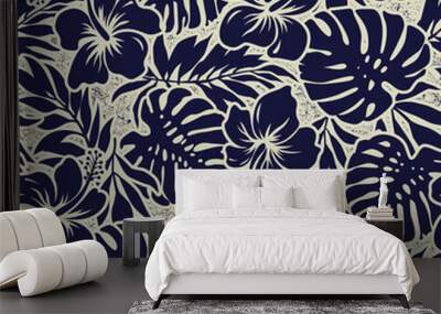 Blue hibiscus flowers with tropical leaves wallpaper vintage vector seamless pattern  Wall mural