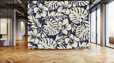 Blue hibiscus flowers with tropical leaves wallpaper vintage vector seamless pattern  Wall mural