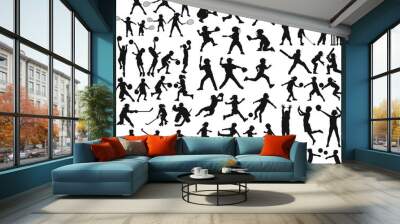 Children girl and boy play sport hockey baseball basketball soccer volley golf cricket tennis vector silhouette collection Wall mural