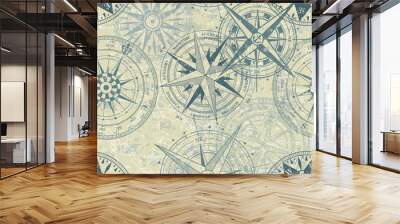 Grunge nautical rose wind compass vintage vector seamless pattern Wall mural