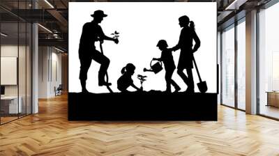 Man woman children planting tree vector silhouette label Wall mural