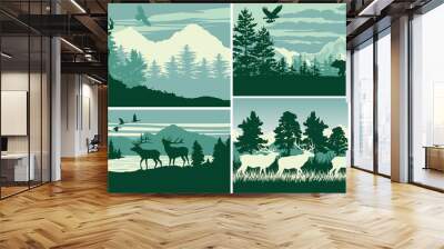 Mountain forest animal wildlife landscape vector outdoor adventure silhouette labels collection Wall mural