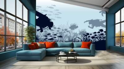 Scuba divers swimming over the coral reef with fishes and marine plants silhouette vector underwater landscape label banner Wall mural