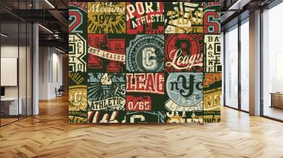 Vintage American college sporting badges patchwork vector seamless pattern Wall mural