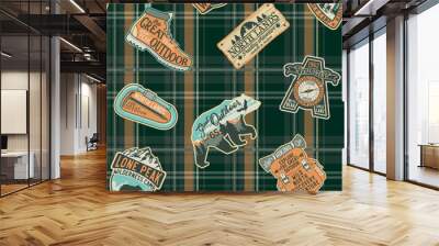 Vintage northern outdoor discovery adventure camping badge patchwork with tartan plaid background vector seamless pattern  Wall mural