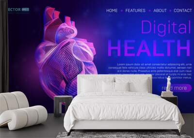 Digital health landing page background concept or hero banner design with human heart outline vector illustration. Medical healthcare website template for Cardiology learning or artery clot therapy Wall mural