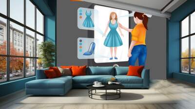 Young woman or girl trying on clothes in front 3D virtual display mirror with fitting simulation function. Vector illustration of online shopping via augmented reality on tablet with dark background Wall mural