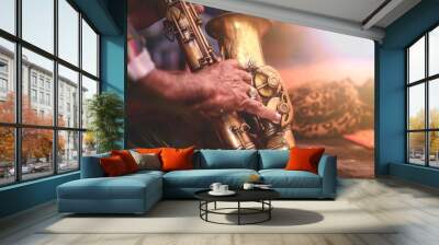 Musical instruments ,Saxophone Player hands Saxophonist playing jazz music. Alto sax musical instrument closeup Wall mural