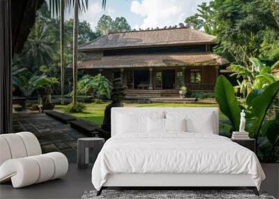 Traditional wooden house with lush green surroundings Wall mural