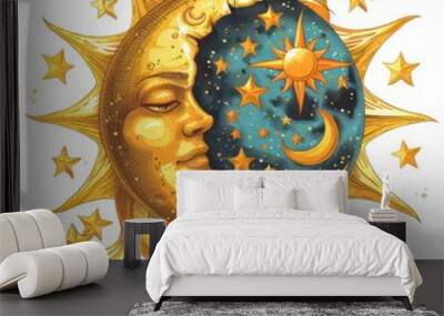 A 3D moon and galaxy with vibrant stars, creating a captivating celestial vintage scene perfect for astronomy-inspired clip art designs. Wall mural