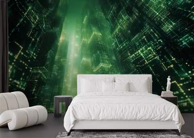 A futuristic matrix-inspired design, with glowing green numbers and codes cascading across a dark background, representing the complexities of the digital realm. Wall mural