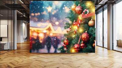 Christmas tree overflowing with colorful ornaments, ribbons, and candy canes, placed in front of a background featuring a bustling Christmas market with twinkling lights and festive stalls. Wall mural